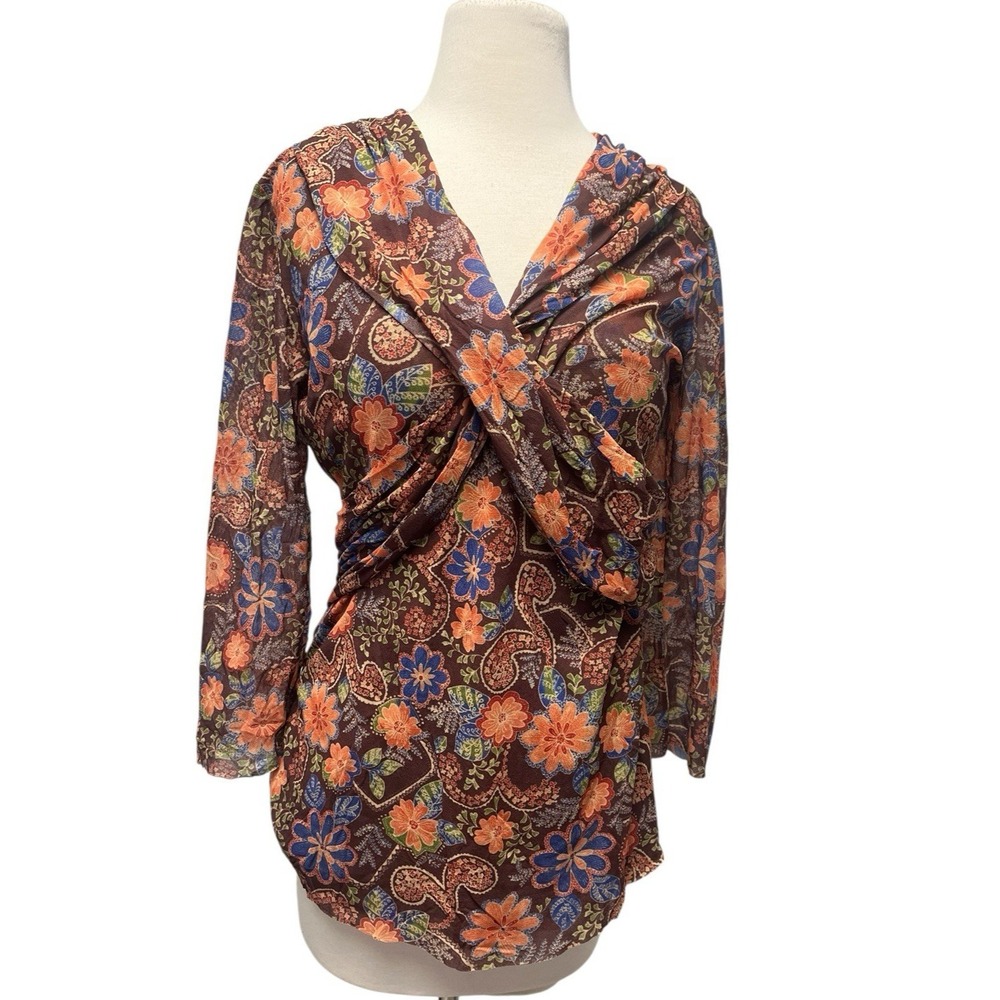 Sweet Pea Y2K Vintage Mesh Long Sleeve Top Large Brown Floral Cross Over Orange